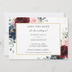Elegant Burgundy Blush Blue Floral Roses Wedding  Save The Date