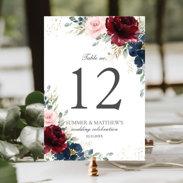 Elegant Burgundy Blush Blue Roses Floral Flowers Table Number (Creator Uploaded)