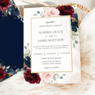 Elegant Burgundy Blush Blue Roses Floral Wedding Invitation