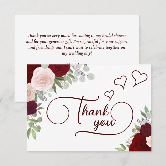 Elegant Burgundy & Blush Boho Roses Bridal Shower Thank You Card (Front/Back)