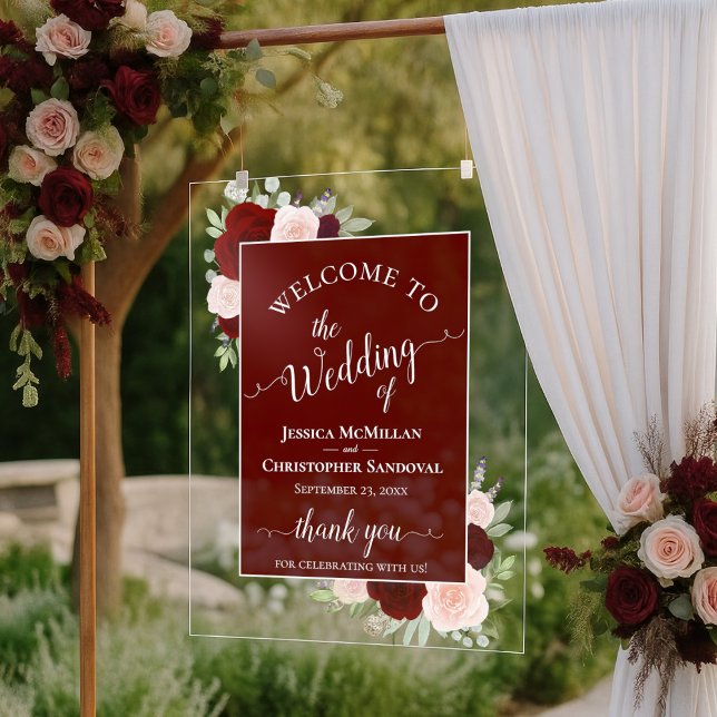 Elegant Burgundy Blush Boho Roses Wedding Welcome Acrylic Sign (Creator Uploaded)