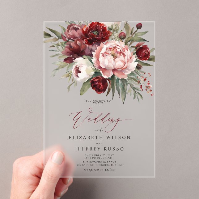 Elegant Burgundy Blush Botanical Floral Wedding Acrylic Invitations (Insitu (Handheld))
