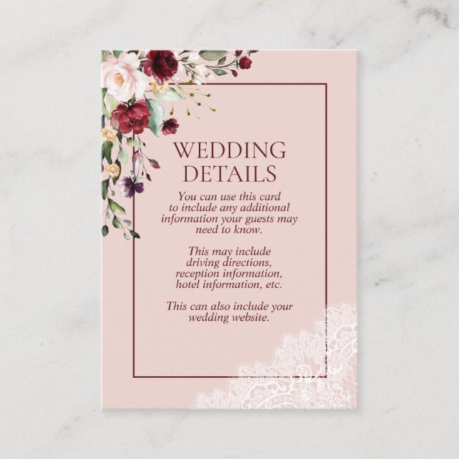 Elegant Burgundy Blush Botanical Lace Details  Enclosure Card (Front)