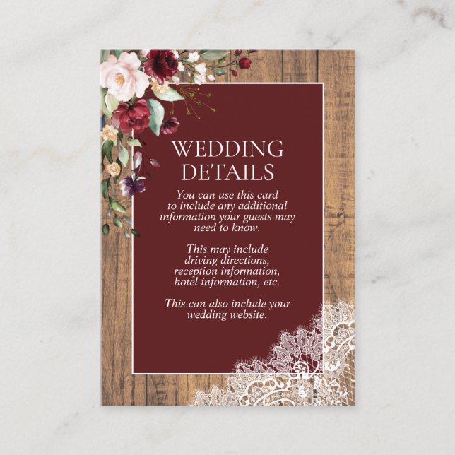 Elegant Burgundy Blush Botanical Lace Wood Details Enclosure Card (Front)