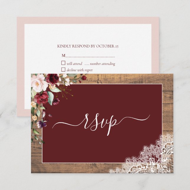 Elegant Burgundy Blush Botanical Lace Wood RSVP (Front/Back)