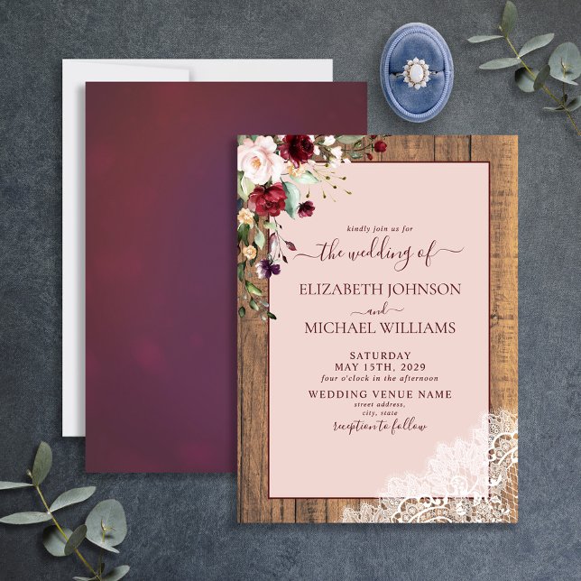 Elegant Burgundy Blush Botanical Wood Wedding Invitation (Creator Uploaded)