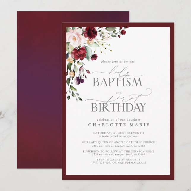 Elegant Burgundy Blush Floral Baptism 1st Birthday Invitation (Front/Back)