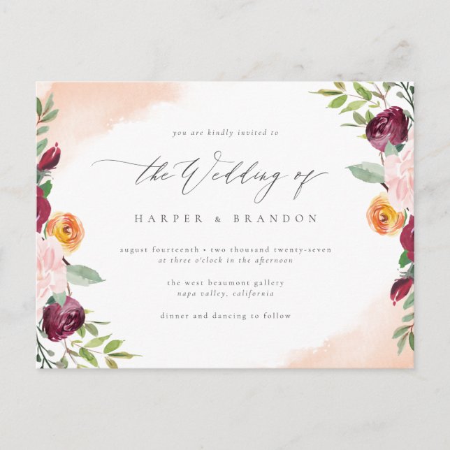Elegant Burgundy Blush Floral Botanical Wedding Invitation Postcard (Front)