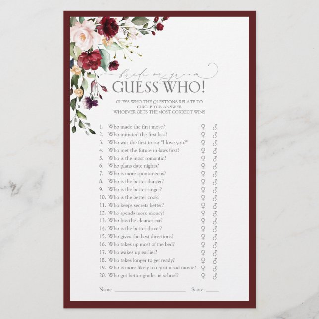 Elegant Burgundy Blush Floral Bridal Shower Game (Front)
