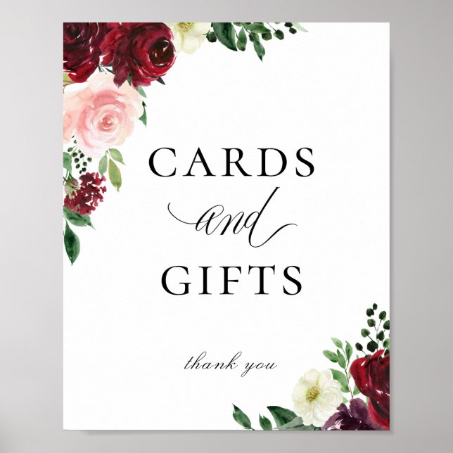 Elegant Burgundy Blush Floral Cards Gifts Sign (Front)