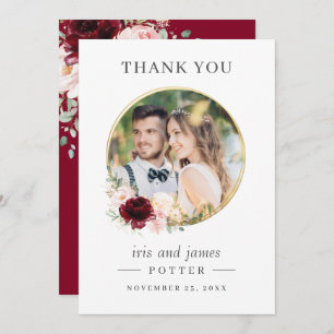 Elegant Burgundy Blush Floral Circle Gold Wedding Thank You Card