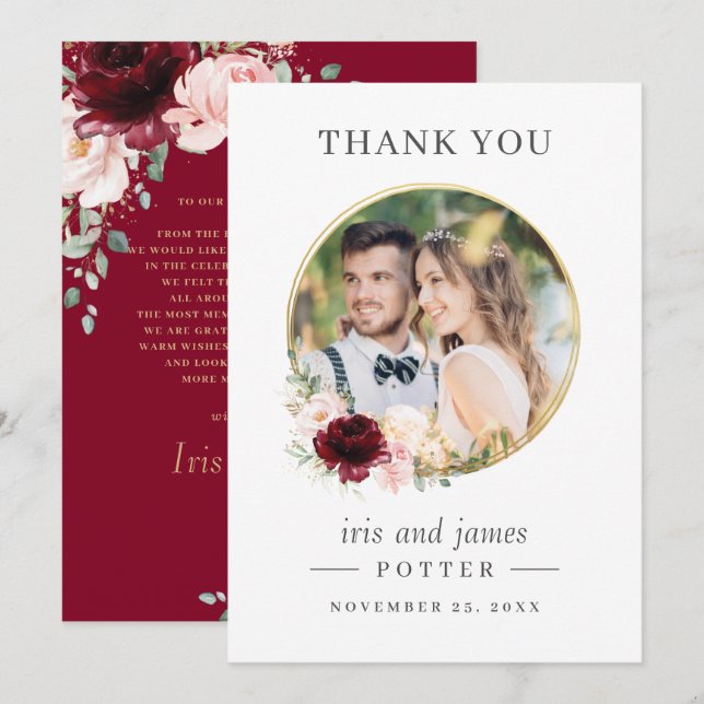 Elegant Burgundy Blush Floral Circle Gold Wedding Thank You Card (Front/Back)