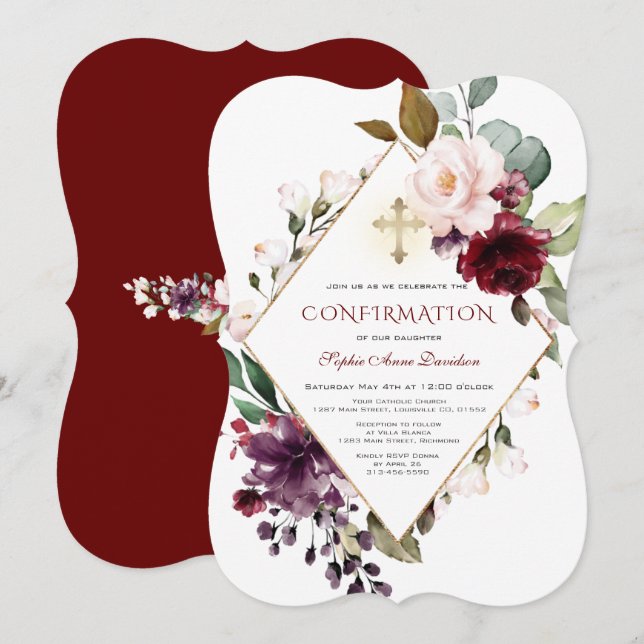 Elegant Burgundy Blush Floral Cross Confirmation Invitation (Front/Back)