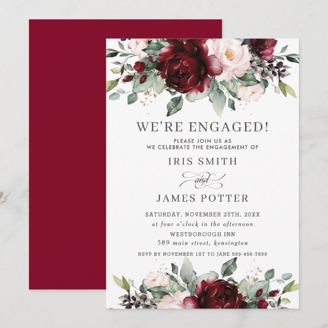Elegant Burgundy Blush Floral Engagement Party Inv Invitation (Front/Back)