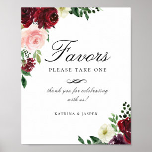 Elegant Burgundy Blush Floral Favor Wedding Sign