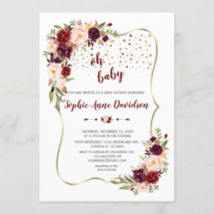 Elegant Burgundy Blush Floral Gold Baby Shower Invitation