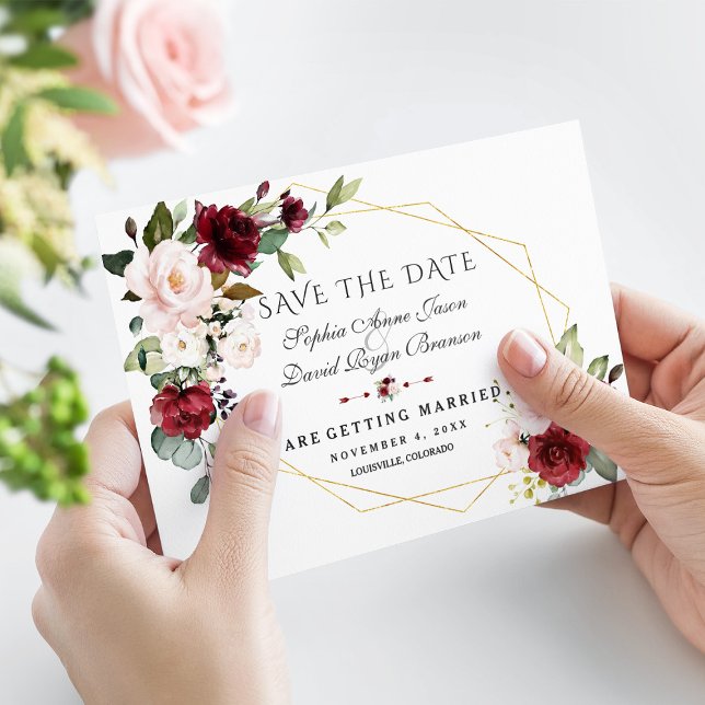 Elegant Burgundy Blush Floral Gold Frame Wedding Save The Date (Creator Uploaded)