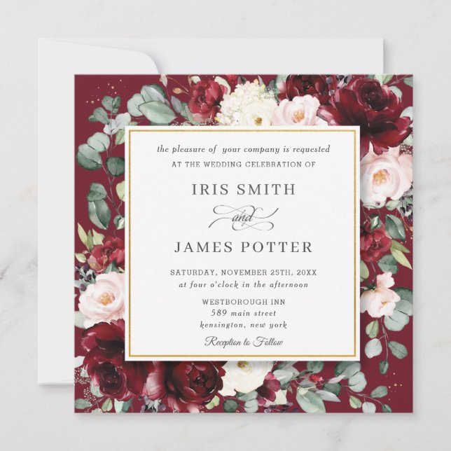 Elegant Burgundy Blush Floral Gold Wedding Square Invitation (Front)