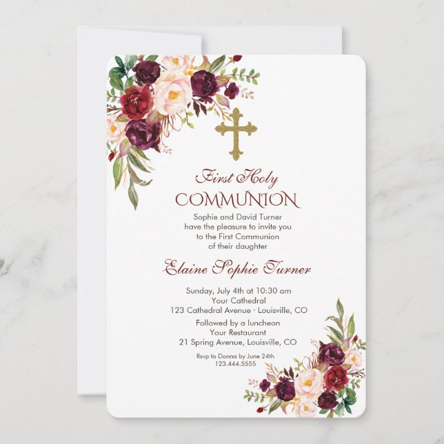 Elegant Burgundy Blush Floral Holy Communion Invitation (Front)