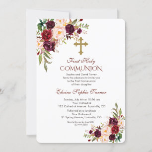 Elegant Burgundy Blush Floral Holy Communion Invitation