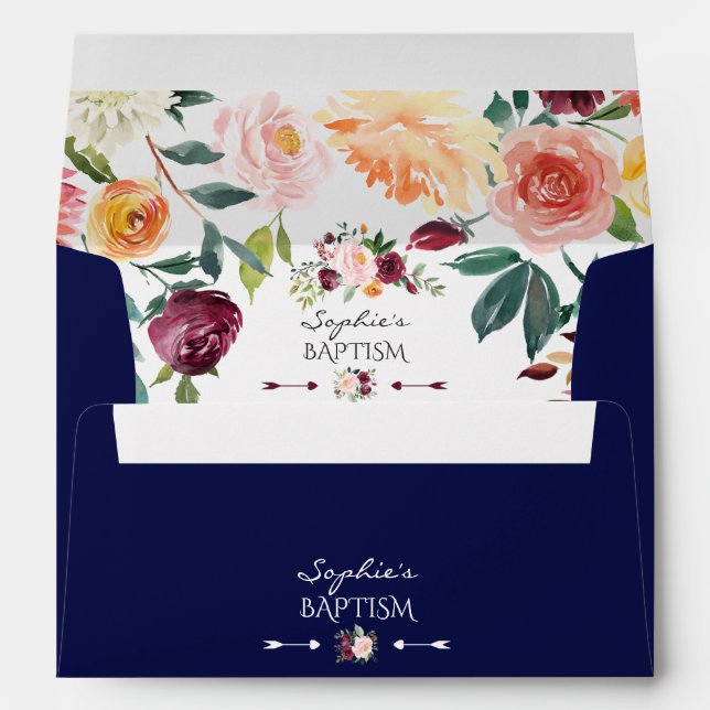 Elegant Burgundy Blush Floral Navy Blue Baptism Envelope (Back (Bottom))