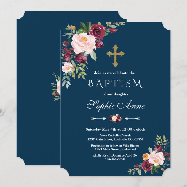 Elegant Burgundy Blush Floral Navy Girl Baptism Invitation (Front/Back)