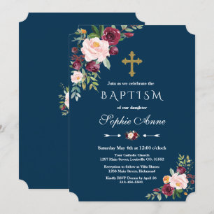 Elegant Burgundy Blush Floral Navy Girl Baptism Invitation