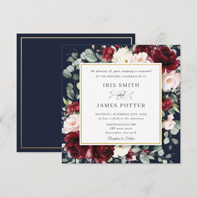 Elegant Burgundy Blush Floral Navy Wedding Square Invitation (Front/Back)