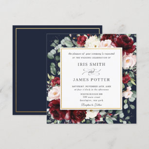 Elegant Burgundy Blush Floral Navy Wedding Square Invitation