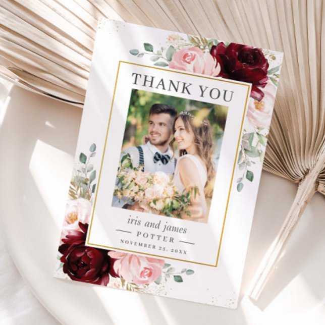 Elegant Burgundy Blush Floral Photo Wedding Thank You Card (Creator Uploaded)