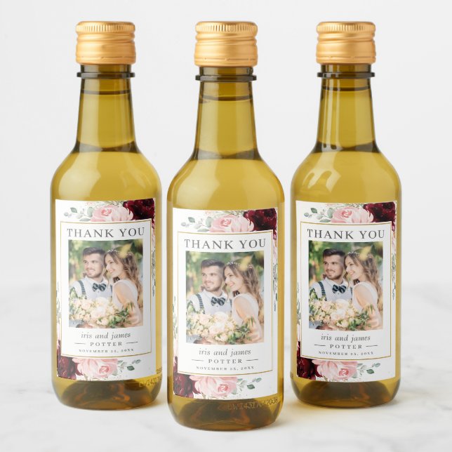 Elegant Burgundy Blush Floral Photo Wedding Wine Label (Bottles)