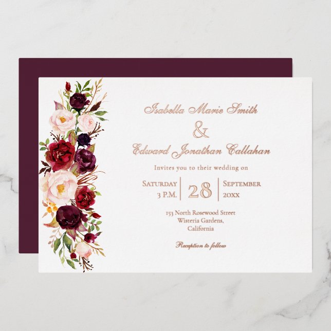 Elegant Burgundy & Blush Floral Rose Gold (Front/Back)