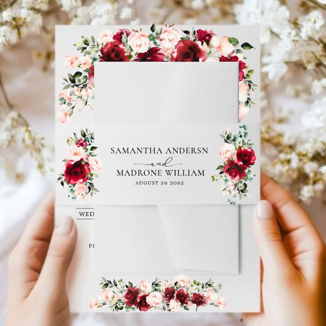 Elegant Burgundy Blush Floral Roses Wedding Invitation Belly Band (Creator Uploaded)