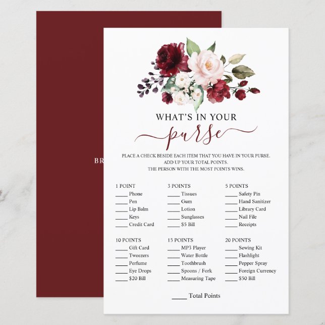 Elegant Burgundy Blush Floral Shower Game (Front/Back)