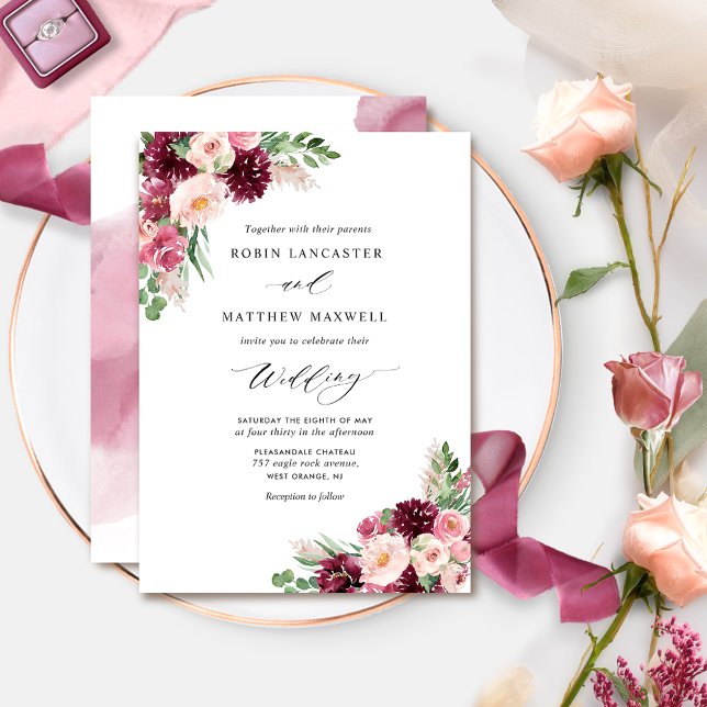 Elegant Burgundy Blush Floral  Sprays Wedding Invitation (Creator Uploaded)