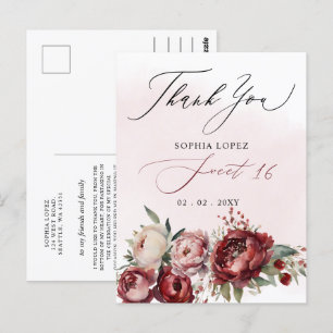 Elegant Burgundy Blush Floral Sweet 16 Thank You Postcard