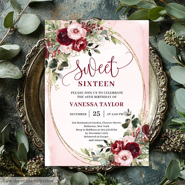 Elegant Burgundy Blush Floral Sweet Sixteen Invite (Elegant Boho Blush Burgundy Floral Sweet Sixteen Invite

)