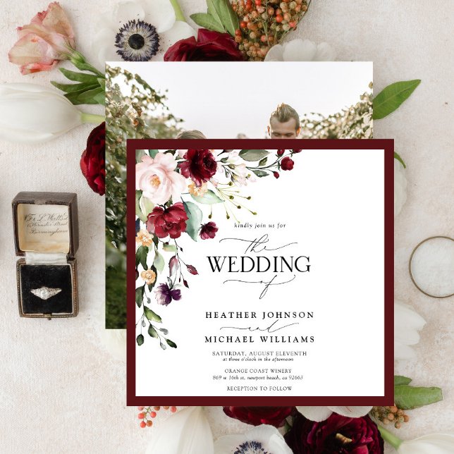 Elegant Burgundy Blush Floral Watercolor Photo Invitation (Creator Uploaded)