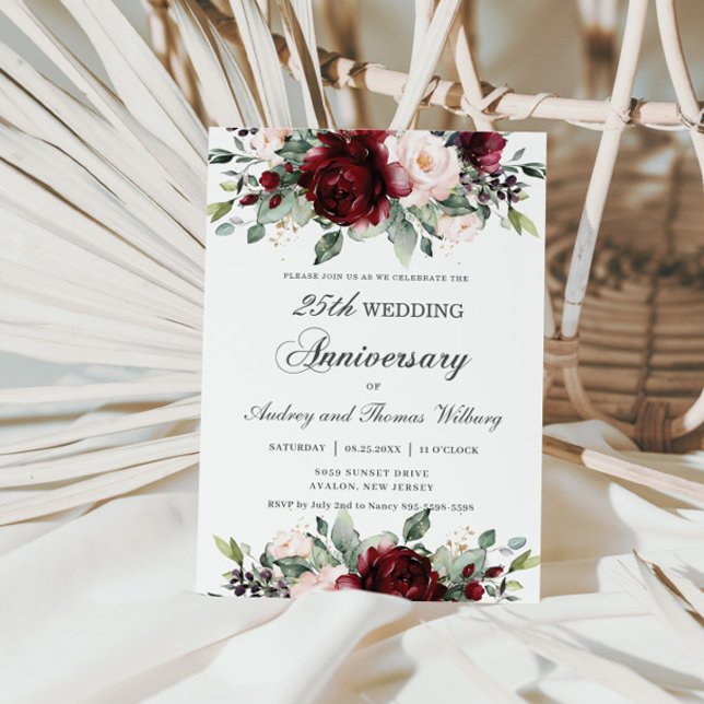 Elegant Burgundy Blush Floral Wedding Anniversary Invitation (Creator Uploaded)
