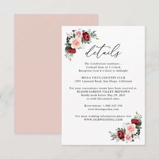 Elegant Burgundy Blush Floral Wedding Details Enclosure Card (Front/Back)