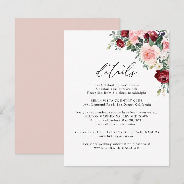 Elegant Burgundy Blush Floral Wedding Details Enclosure Card (Front/Back)