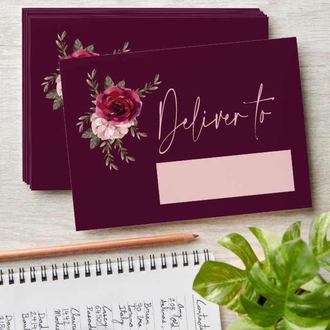 Elegant Burgundy Blush Floral Wedding Envelope (Stacked)