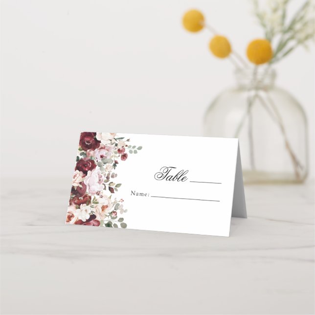Elegant Burgundy & Blush Floral Wedding Favour Place Card (Front)