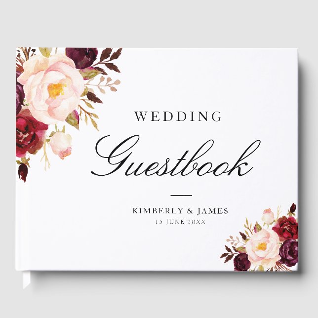 Elegant burgundy & blush floral wedding guestbook (Front)