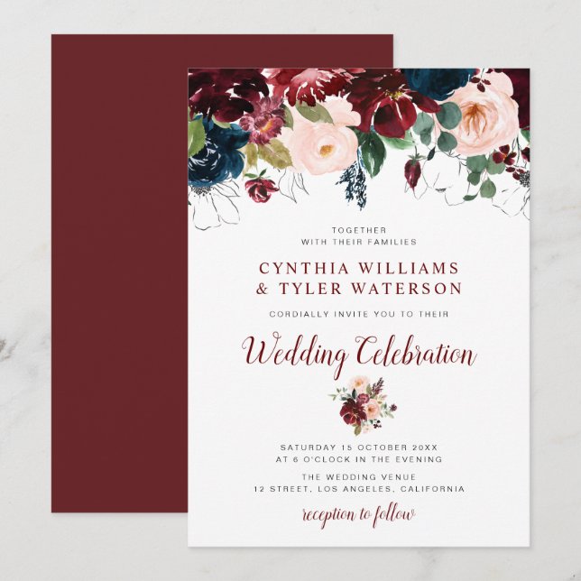 Elegant burgundy & blush floral wedding invitation (Front/Back)
