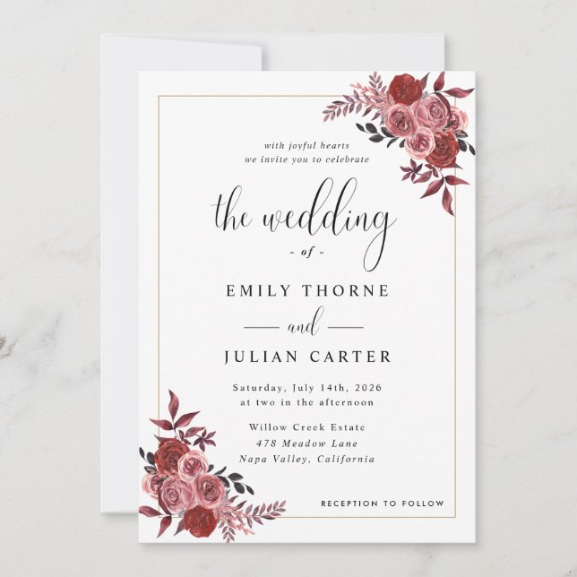 Elegant Burgundy Blush Floral Wedding Invitation (Front)