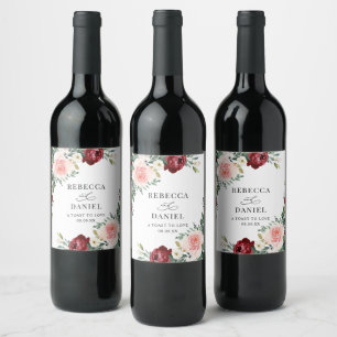 Elegant Burgundy Blush Floral Wedding Personalised Wine Label