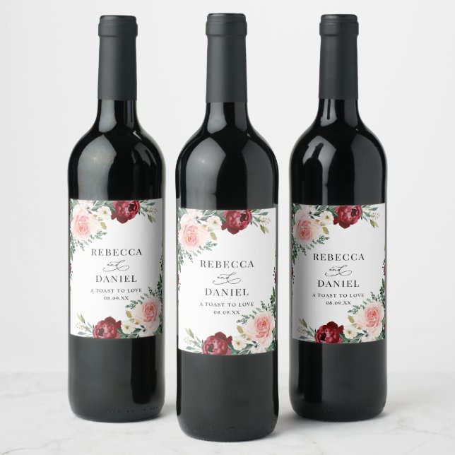 Elegant Burgundy Blush Floral Wedding Personalised Wine Label (Bottles)
