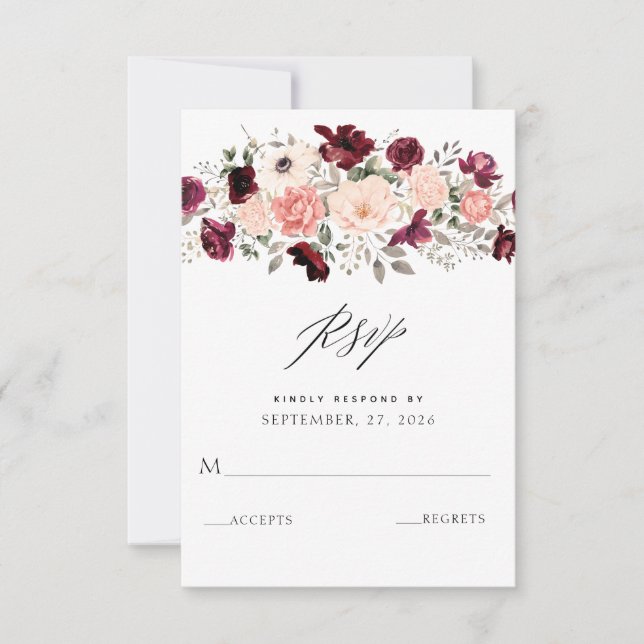 Elegant Burgundy Blush Floral Wedding RSVP Card (Front)
