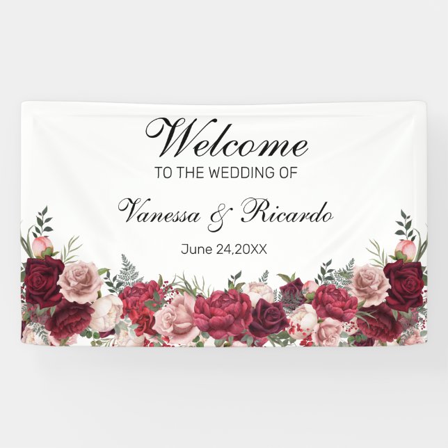 Elegant Burgundy Blush Floral Wedding Welcome Banner (Horizontal)